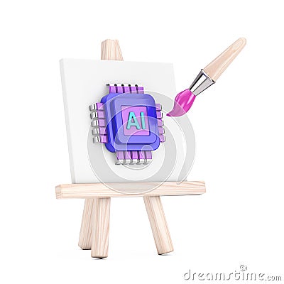 Cartoon Artist Paintbrush with Easel and AI Powered Microchip CPU Processor Web Icon. 3d Rendering Stock Photo