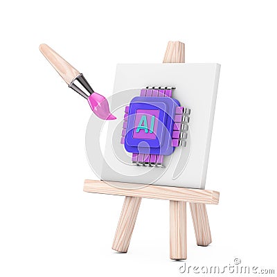 Cartoon Artist Paintbrush with Easel and AI Powered Microchip CPU Processor Web Icon. 3d Rendering Stock Photo