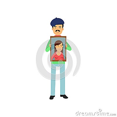 Cartoon artist standing with woman s portrait in hands Vector Illustration