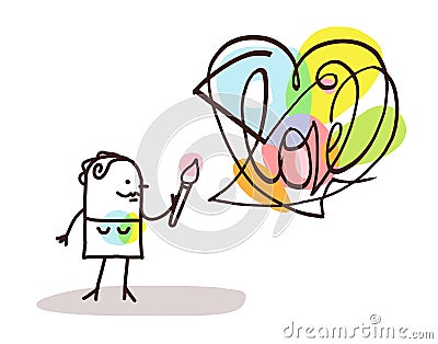 Cartoon Artist Woman Creating a big Colorful Abstract Heart sign Vector Illustration