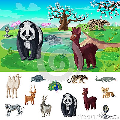 Cartoon Asian Wildlife Concept Vector Illustration
