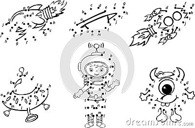 Cartoon astronaut, alien, rockets and planets. Vector illustration. Coloring and dot to dot game for kids Vector Illustration