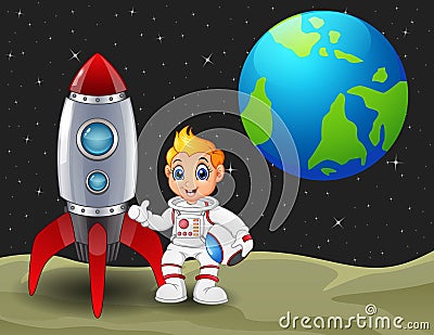 Cartoon astronaut boy holding a helmet and rocket space ship on the moon with planet earth in the background Vector Illustration