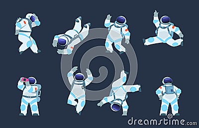 Cartoon astronaut. Dancing party cosmonaut, retro disco spaceman, comic space dancer. Vector astronaut in different Vector Illustration