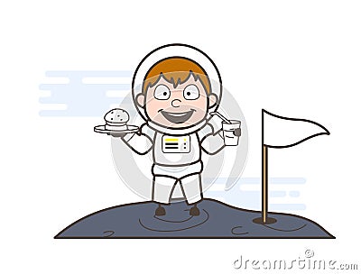 Cartoon Astronaut Eating Food on Moon Vector Illustration Stock Photo