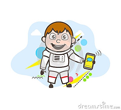 Cartoon Astronaut Showing Message in Mobile Vector Illustration Stock Photo