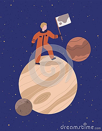 Cartoon astronaut stand on planet hold flag vector graphic illustration. Male cosmonaut in protective suit posing in Vector Illustration