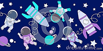 Cartoon astronauts flying in space with rocket, planet and stars. Seamless border Vector Illustration