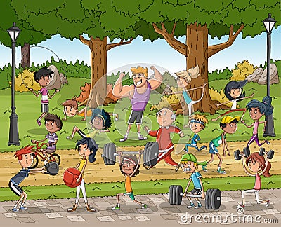 Cartoon athletes training in the park. Vector Illustration