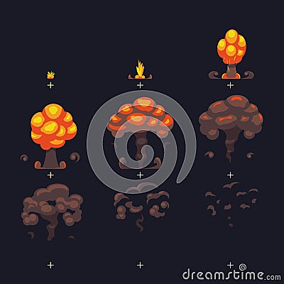 Cartoon atomic bomb explosion, ground explosion with smoke and dust comic animation effect frames Vector Illustration