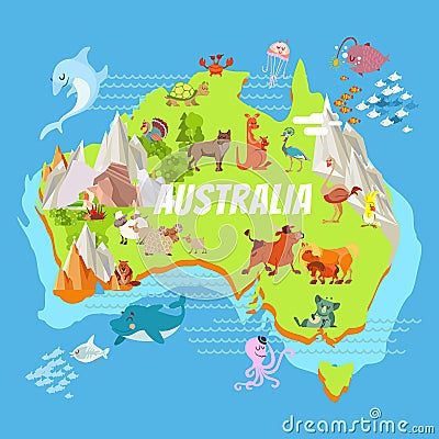 Cartoon australia map with animals Vector Illustration