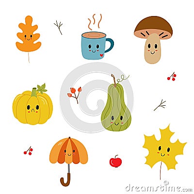 Cartoon autumn flat icons. Leaves, pumpkins, umbrella, mushrooms. Vector Illustration