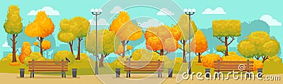 Cartoon autumn park panorama. Autumnal city parks road with yellow and red trees. Fall street tree panoramic vector Vector Illustration