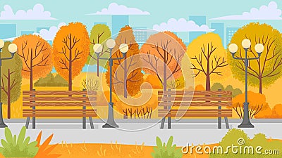 Cartoon autumn park. Yellow trees, city parks environment and nature panorama vector background illustration Vector Illustration