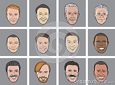 Cartoon avatar smiling men heads Vector Illustration