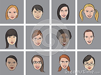 Cartoon avatar various women faces Vector Illustration