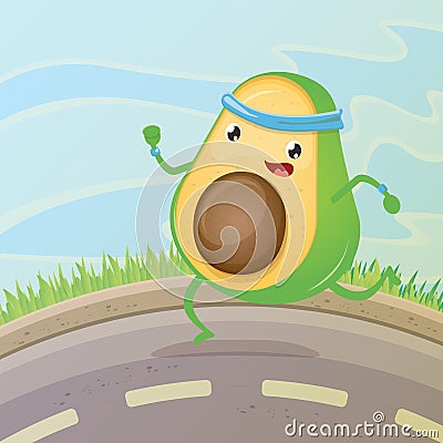 Cartoon avocado running or jogging in park. Cute sporty healthy food character making sport exercise. Fitness concept Vector Illustration