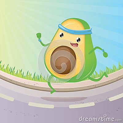 Cartoon avocado running or jogging in park. Cute sporty healthy food character making sport exercise. Fitness concept Vector Illustration