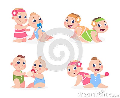 Cartoon babies. Funny newborn boy and girl sitting together, cute twins sister and brother. Vector happy children Vector Illustration