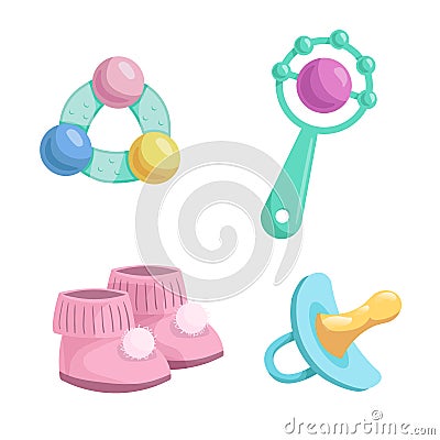 Cartoon baby accessories icons set. Girl pink baby booties, rubber dummy and different rattles. Vector Illustration