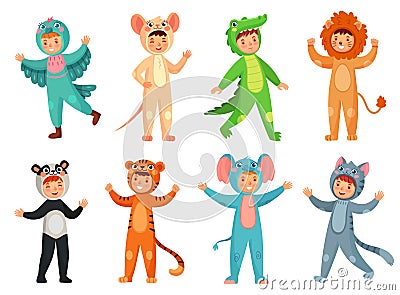 Cartoon baby animal costumes. Cute girl in panda costume, little boy in elephant suit and kids party mascot vector Vector Illustration