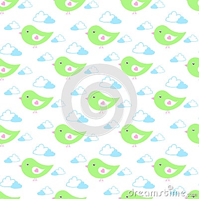 Cartoon baby birds fly in gentle light green tones in the clouds Vector Illustration