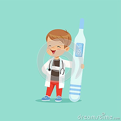 Cartoon baby boy character in white coat and stethoscope around his neck holding big medical thermometer. Child playing Vector Illustration