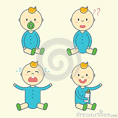 Cartoon baby boy emotion set. Newborn child or infant emoticon. Vector Illustration