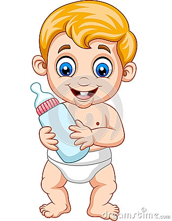 Cartoon baby boy holding bottle milk Vector Illustration