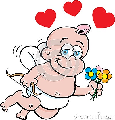 Cartoon baby cupid with a bow and holding flowers and surrounded by hearts. Vector Illustration