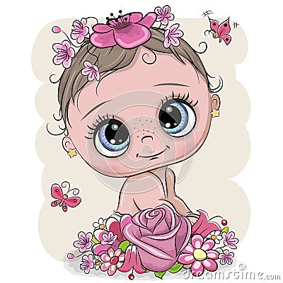 Cartoon Baby with flowerson a white background Vector Illustration