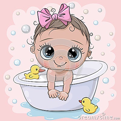 Cartoon baby Girl in the bathroom Vector Illustration
