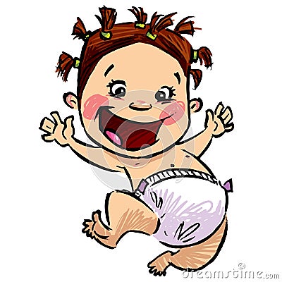 Cartoon baby girl with diapers and funny hair jumping high Vector Illustration