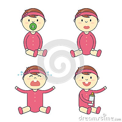 Cartoon baby girl emotion set. Newborn child or infant emoticon. Vector Illustration