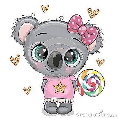 Cartoon baby Koala in a dress with Lollipop Vector Illustration