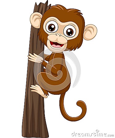 Cartoon baby monkey climbing tree branch Vector Illustration