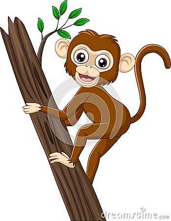 Cartoon baby monkey climbing tree branch Vector Illustration