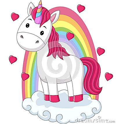 Cartoon baby pony unicorn standing on clouds with rainbow Vector Illustration