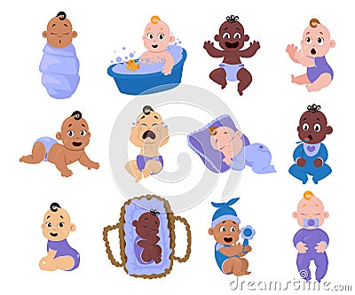 Cartoon baby. Smiling and crying little children. Girl and boy characters in diapers. Toddler sleeping in cradle or Vector Illustration