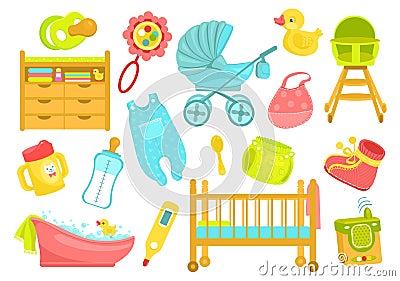 Cartoon baby supplies. Newborn accessories. Kids care products. Childish feeding. Swaddling table with commode. Toddlers Vector Illustration