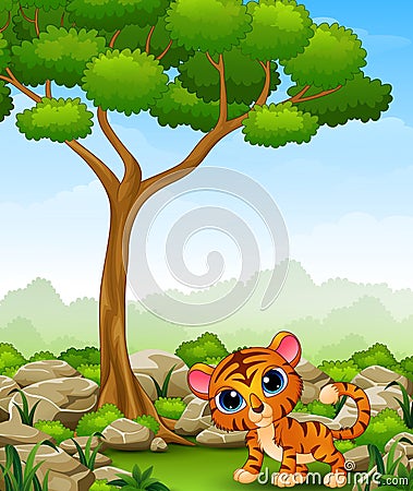 Cartoon baby tiger in the jungle Vector Illustration