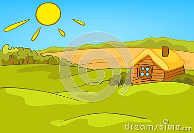 Cartoon background of countryside summer landscape Stock Photo