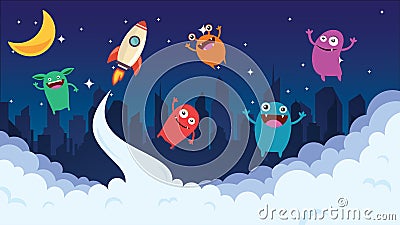 Cartoon background. Crazy monster children cartoon. Fun imaginary kids. Vector illustration Cartoon Illustration