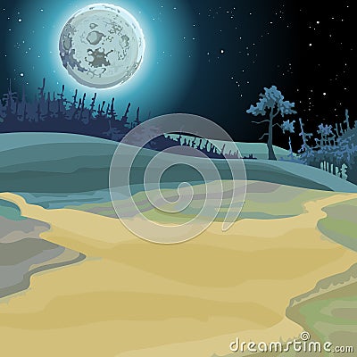 Cartoon background of a fairy forest moonlit night Vector Illustration