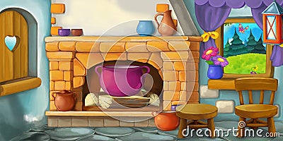 Cartoon background for fairy tale - interior of old fashioned house - kitchen Cartoon Illustration