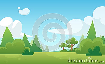 Cartoon background for game and animation. Green forest with blue sky and clouds. Landscape. Vector Illustration