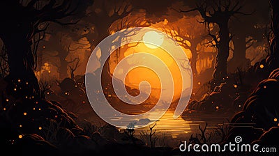 Cartoon background. Sunset in an autumnal mystical forest with a lake created with Generative AI Stock Photo