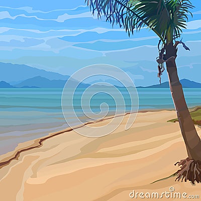 Cartoon background of tropical beach with palm tree on sandy shore Vector Illustration