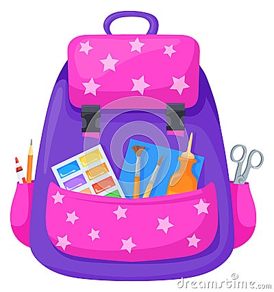 Cartoon backpack ready for school. Creative student equipment Vector Illustration
