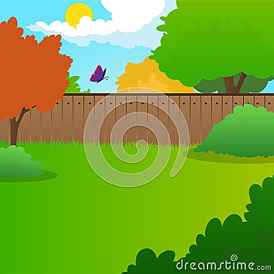 Cartoon backyard landscape with green meadow, bushes, trees, wooden fence, blue sky and flying butterfly. Summer nature Vector Illustration